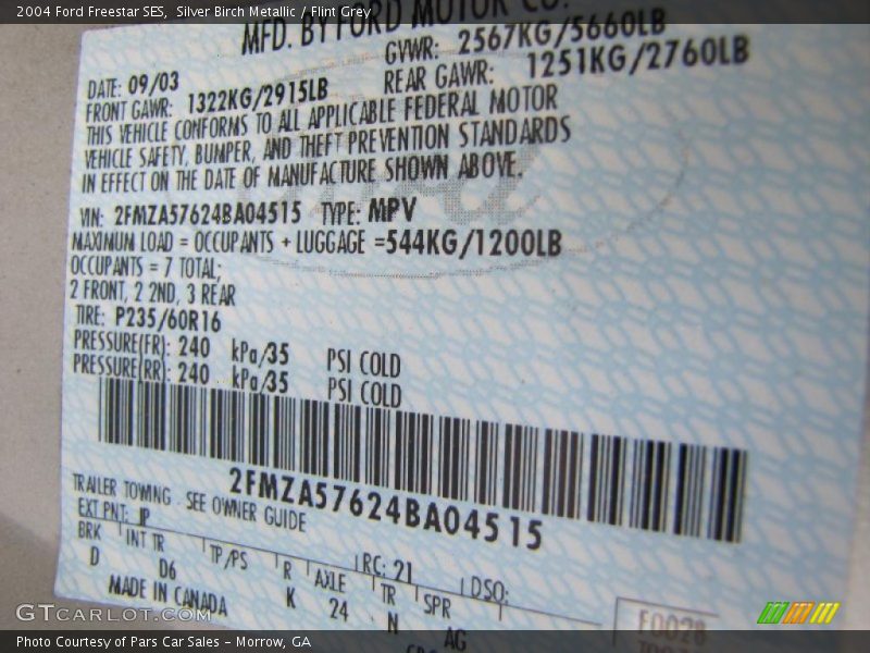 2004 Freestar SES Silver Birch Metallic Color Code JP