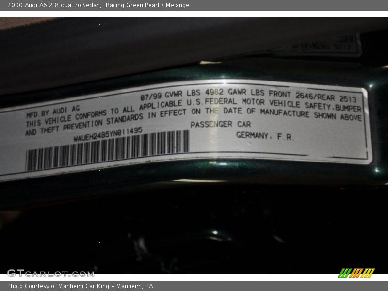 Info Tag of 2000 A6 2.8 quattro Sedan