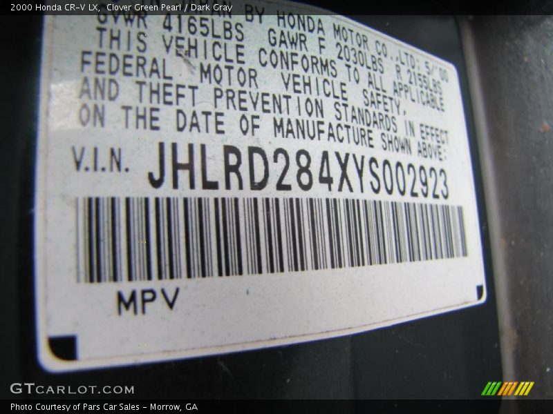 Info Tag of 2000 CR-V LX