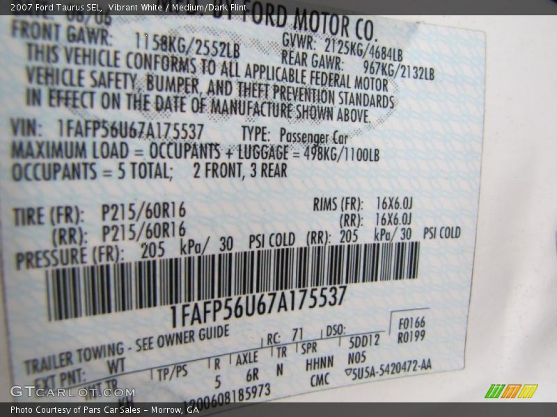 Vibrant White / Medium/Dark Flint 2007 Ford Taurus SEL