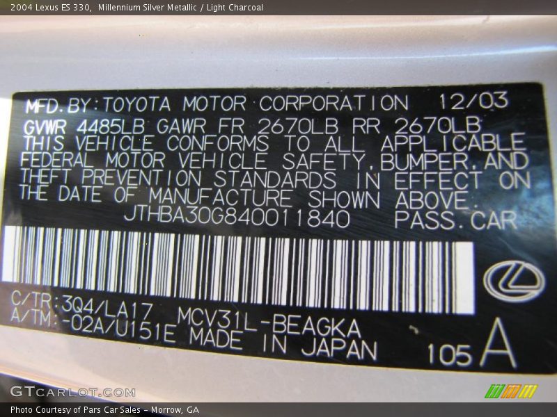 Millennium Silver Metallic / Light Charcoal 2004 Lexus ES 330