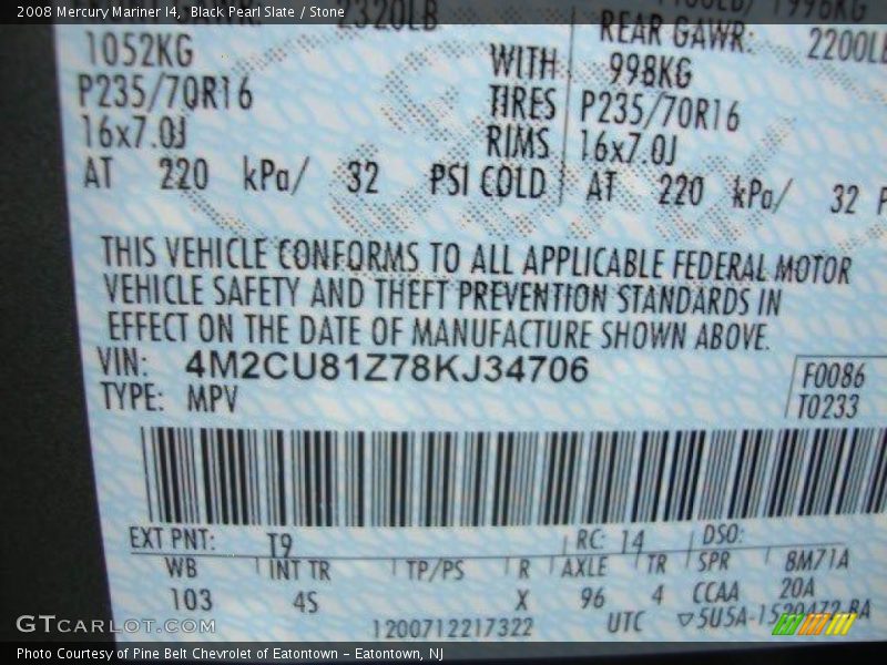 2008 Mariner I4 Black Pearl Slate Color Code T9