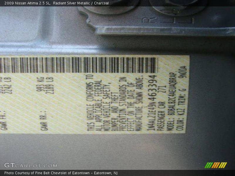 Radiant Silver Metallic / Charcoal 2009 Nissan Altima 2.5 SL