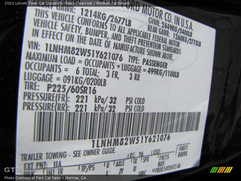 2001 Town Car Signature Black Clearcoat Color Code UA