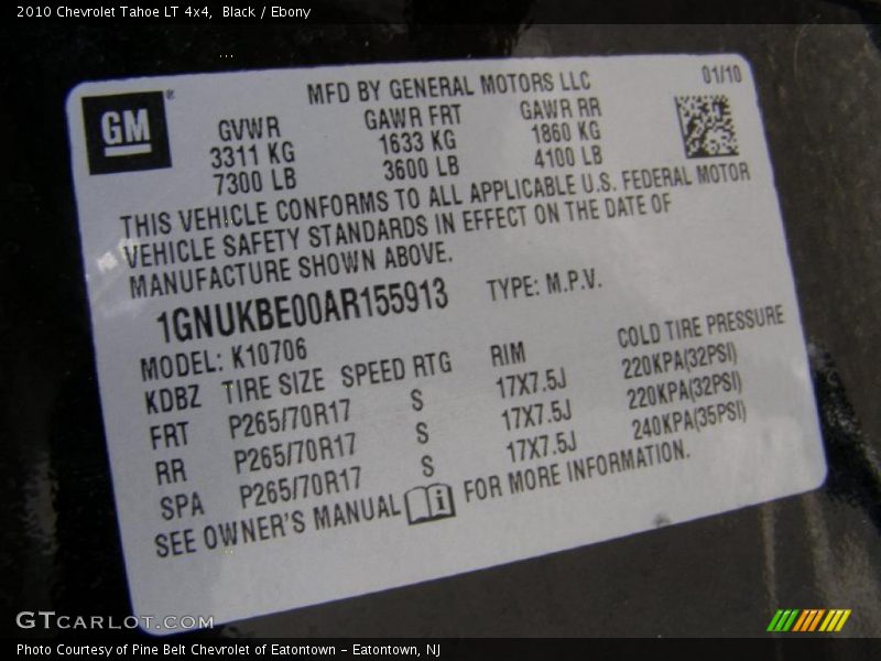 Black / Ebony 2010 Chevrolet Tahoe LT 4x4