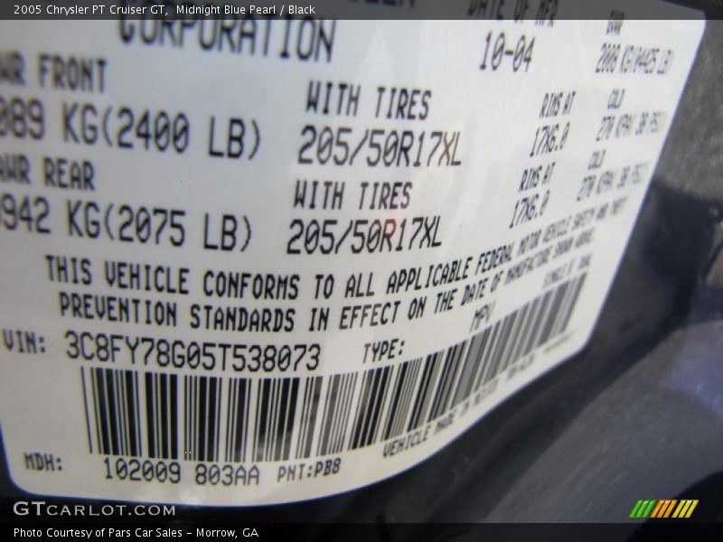 2005 PT Cruiser GT Midnight Blue Pearl Color Code PB8