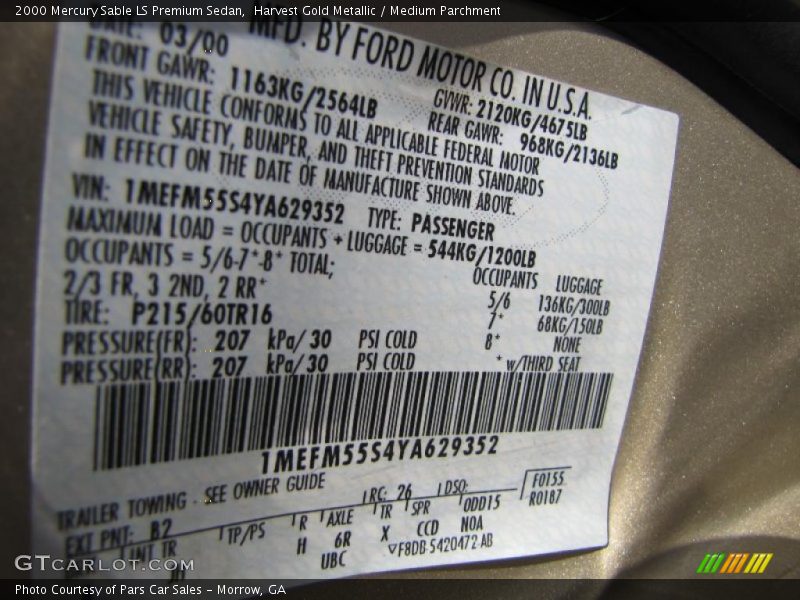 2000 Sable LS Premium Sedan Harvest Gold Metallic Color Code B2
