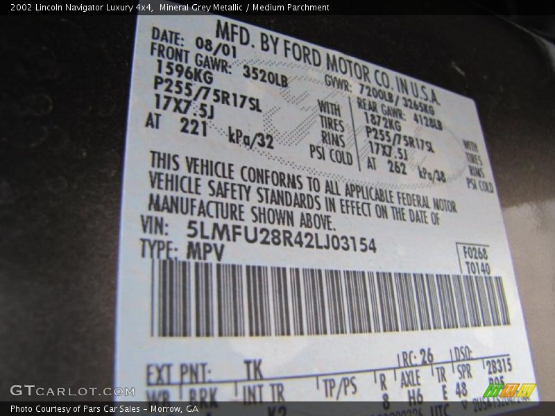 2002 Navigator Luxury 4x4 Mineral Grey Metallic Color Code TK