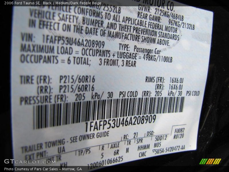 Black / Medium/Dark Pebble Beige 2006 Ford Taurus SE