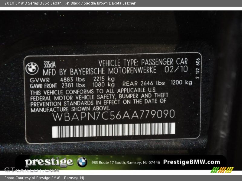 Jet Black / Saddle Brown Dakota Leather 2010 BMW 3 Series 335d Sedan