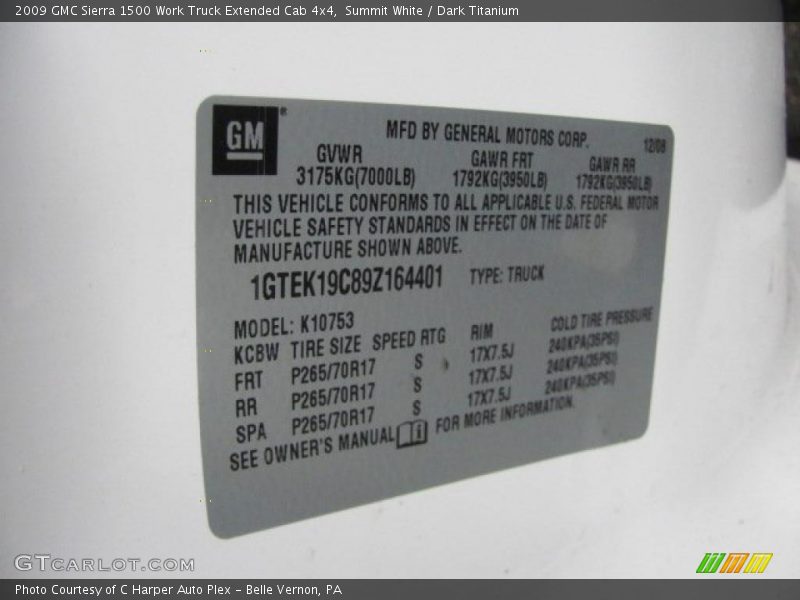 Info Tag of 2009 Sierra 1500 Work Truck Extended Cab 4x4