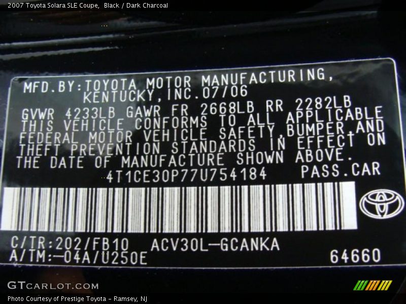 Black / Dark Charcoal 2007 Toyota Solara SLE Coupe