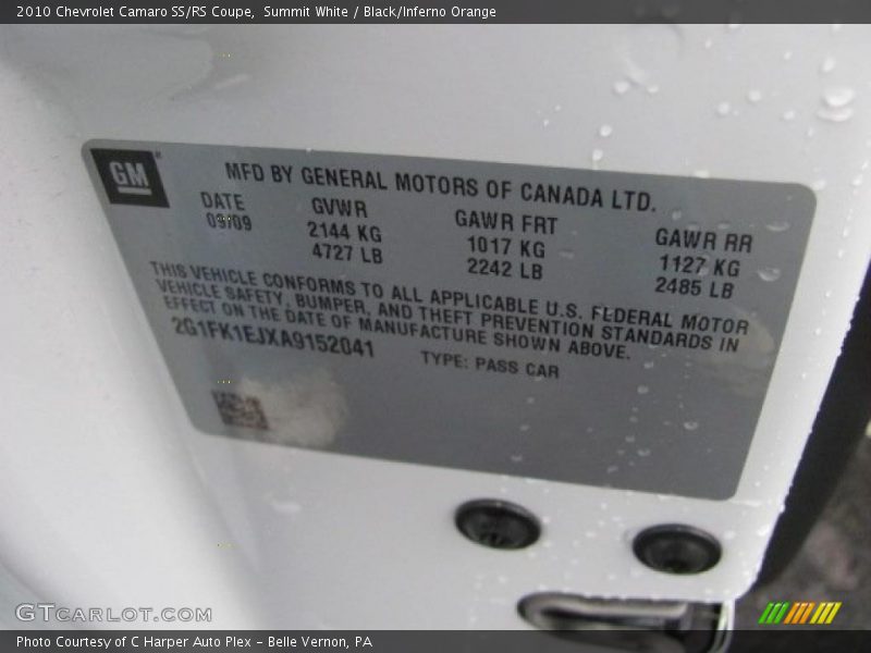 Summit White / Black/Inferno Orange 2010 Chevrolet Camaro SS/RS Coupe