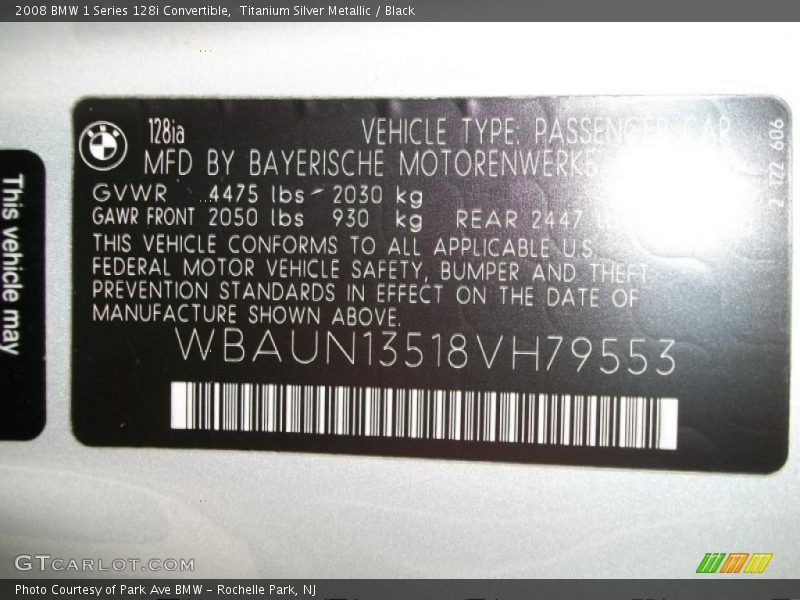 Info Tag of 2008 1 Series 128i Convertible