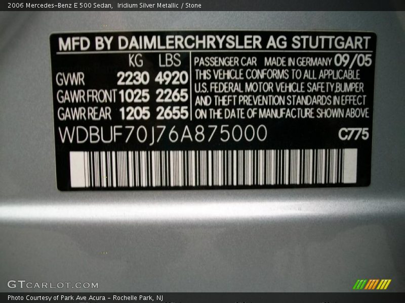 2006 E 500 Sedan Iridium Silver Metallic Color Code 775