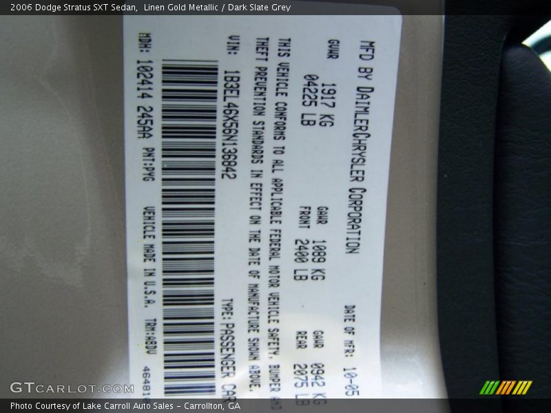 2006 Stratus SXT Sedan Linen Gold Metallic Color Code PYG