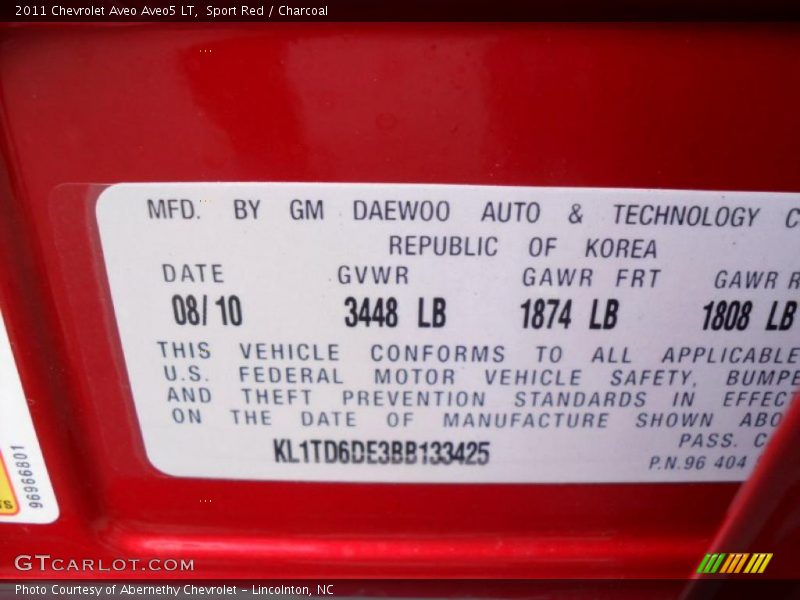 Info Tag of 2011 Aveo Aveo5 LT