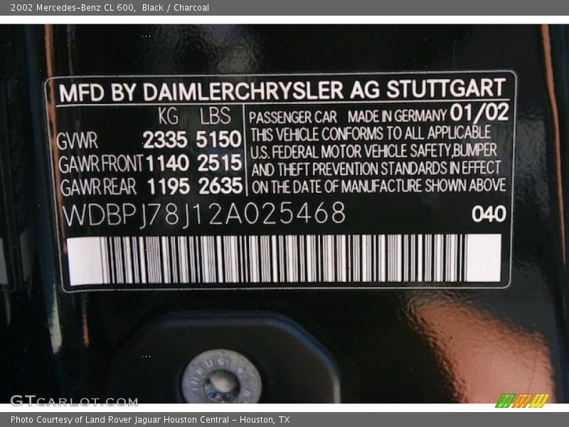 2002 CL 600 Black Color Code 040