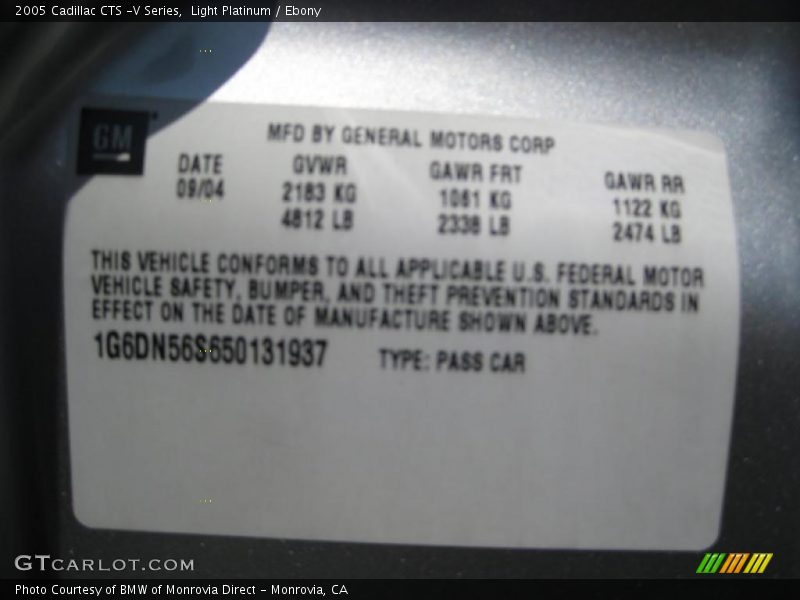Info Tag of 2005 CTS -V Series