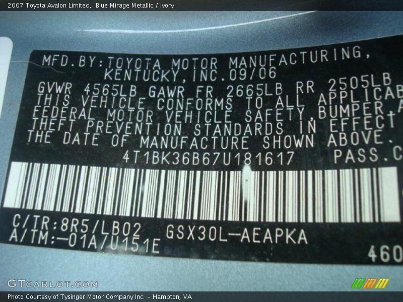 Blue Mirage Metallic / Ivory 2007 Toyota Avalon Limited