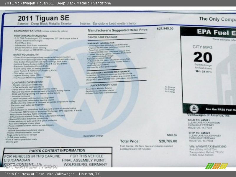  2011 Tiguan SE Window Sticker