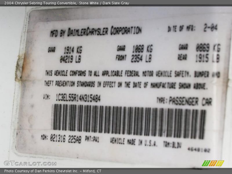 Stone White / Dark Slate Gray 2004 Chrysler Sebring Touring Convertible