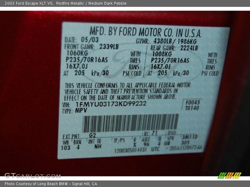 2003 Escape XLT V6 Redfire Metallic Color Code G2