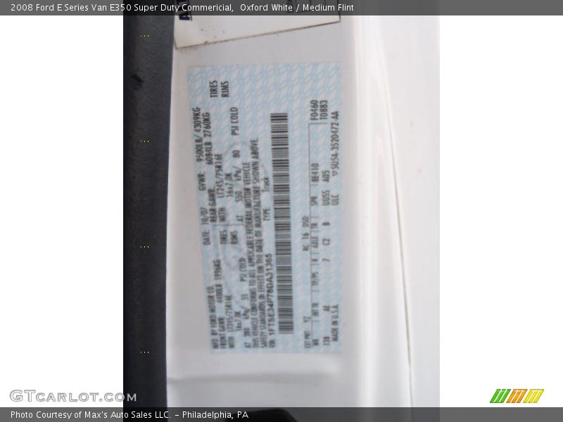 2008 E Series Van E350 Super Duty Commericial Oxford White Color Code YZ