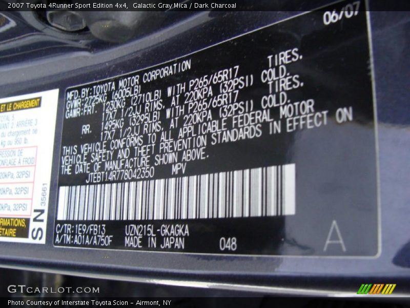 2007 4Runner Sport Edition 4x4 Galactic Gray Mica Color Code 1E9