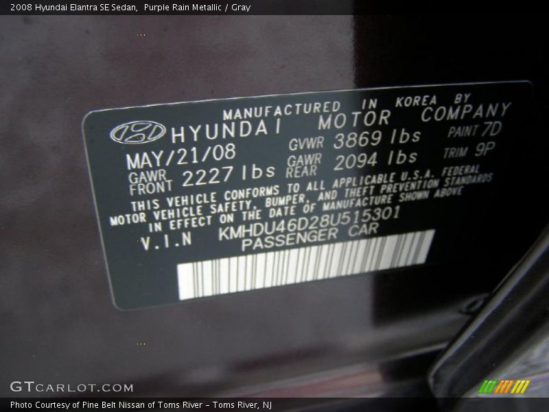 Purple Rain Metallic / Gray 2008 Hyundai Elantra SE Sedan