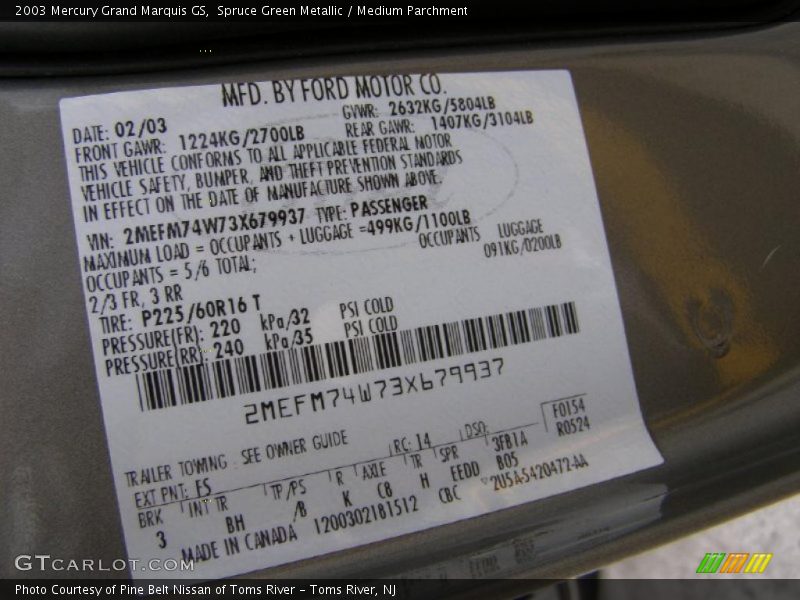 Spruce Green Metallic / Medium Parchment 2003 Mercury Grand Marquis GS