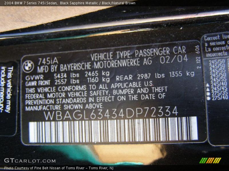 Info Tag of 2004 7 Series 745i Sedan