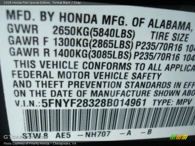 2008 Pilot Special Edition Formal Black Color Code NH707