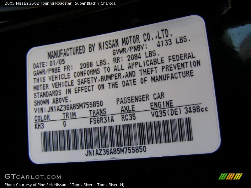 2005 350Z Touring Roadster Super Black Color Code KH3