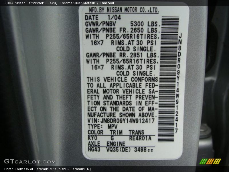 2004 Pathfinder SE 4x4 Chrome Silver Metallic Color Code KY0