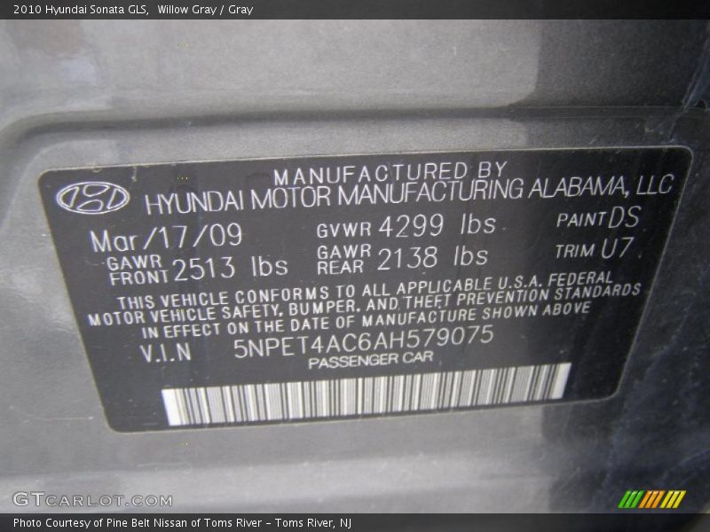Willow Gray / Gray 2010 Hyundai Sonata GLS