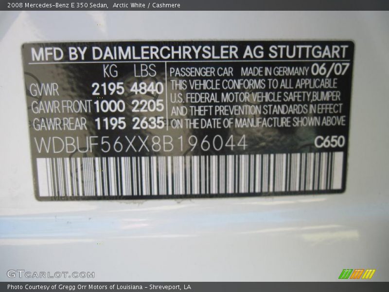 Arctic White / Cashmere 2008 Mercedes-Benz E 350 Sedan