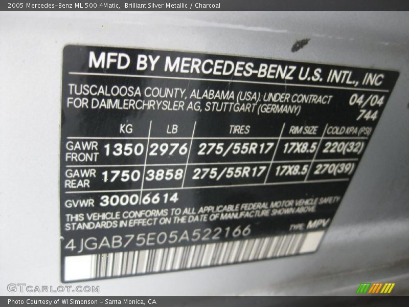 2005 ML 500 4Matic Brilliant Silver Metallic Color Code 744