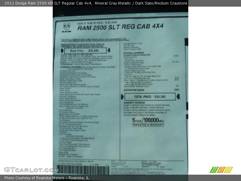  2011 Ram 2500 HD SLT Regular Cab 4x4 Window Sticker