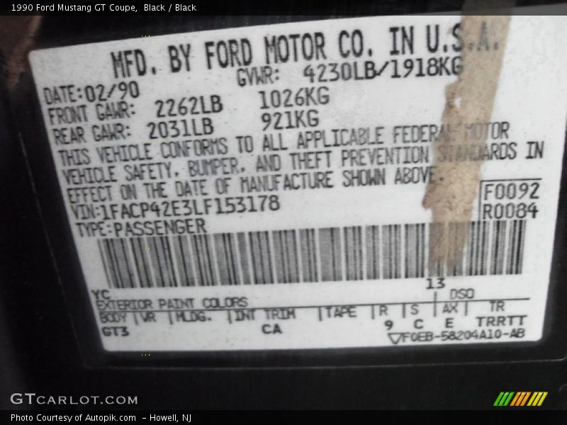 1990 Mustang GT Coupe Black Color Code YC