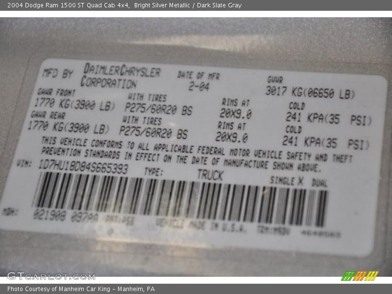 Bright Silver Metallic / Dark Slate Gray 2004 Dodge Ram 1500 ST Quad Cab 4x4