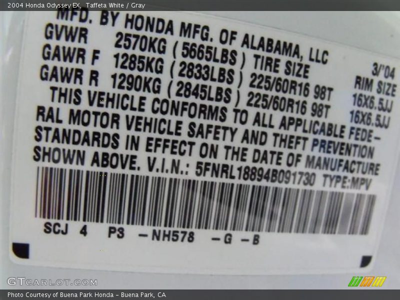 Taffeta White / Gray 2004 Honda Odyssey EX