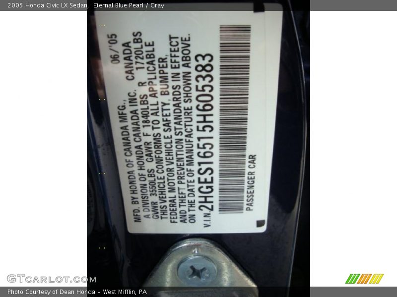 Eternal Blue Pearl / Gray 2005 Honda Civic LX Sedan