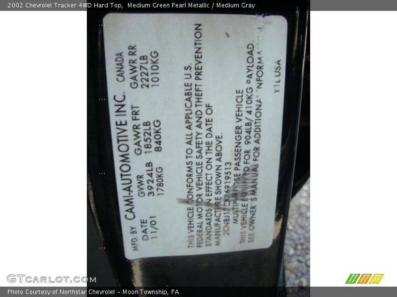 Medium Green Pearl Metallic / Medium Gray 2002 Chevrolet Tracker 4WD Hard Top