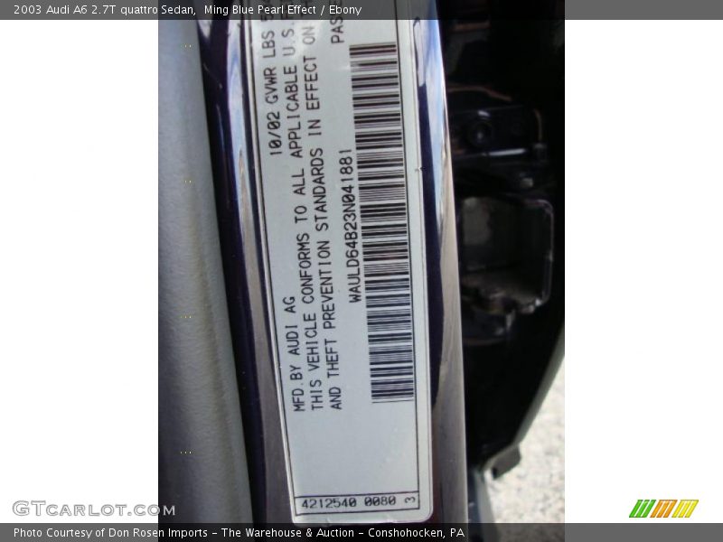 Ming Blue Pearl Effect / Ebony 2003 Audi A6 2.7T quattro Sedan