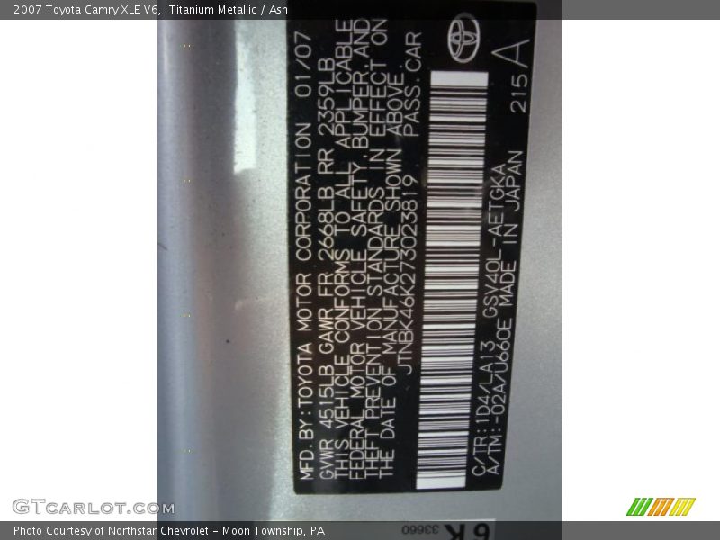 Titanium Metallic / Ash 2007 Toyota Camry XLE V6