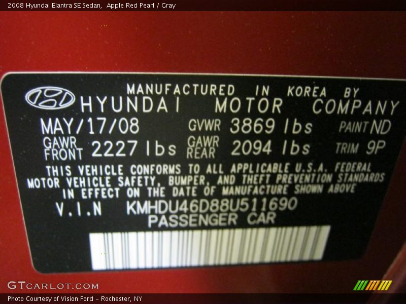 Apple Red Pearl / Gray 2008 Hyundai Elantra SE Sedan