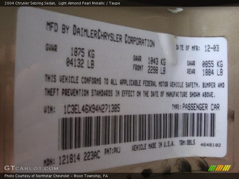 Light Almond Pearl Metallic / Taupe 2004 Chrysler Sebring Sedan