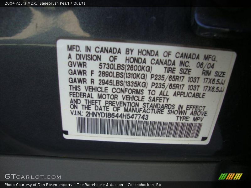 Info Tag of 2004 MDX 