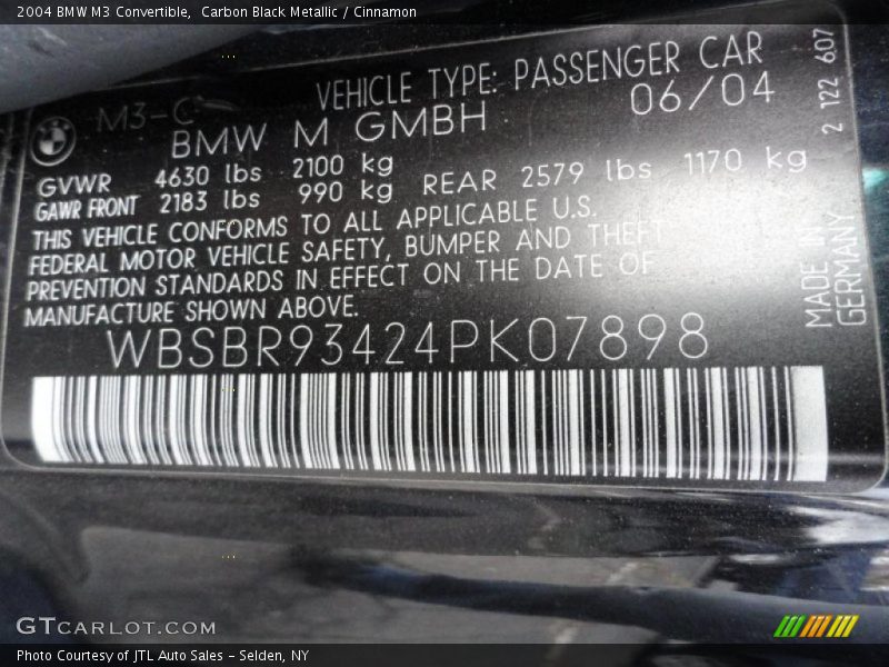 Info Tag of 2004 M3 Convertible